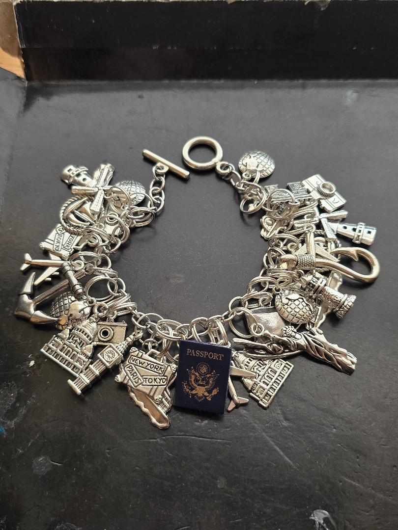 Passport Sis Silver Stainless Steel Travel Theme Charmed Bracelet